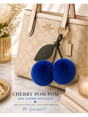 NEW Plush Cherry Pom Pom Bag Charm Keychain | Faux Fur | Royal Blue